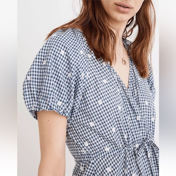 SOLD MADEWELL Embroidered Gingham Faux Wrap Tie Waist Midi Dress - Small - Picture 3 of 16